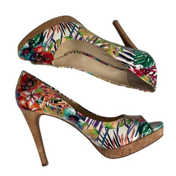 Jessica Simpson Dalyn Tropical Print Cork Heel Peep Toe Pumps Women’s 9.5 - Picture 2 of 10